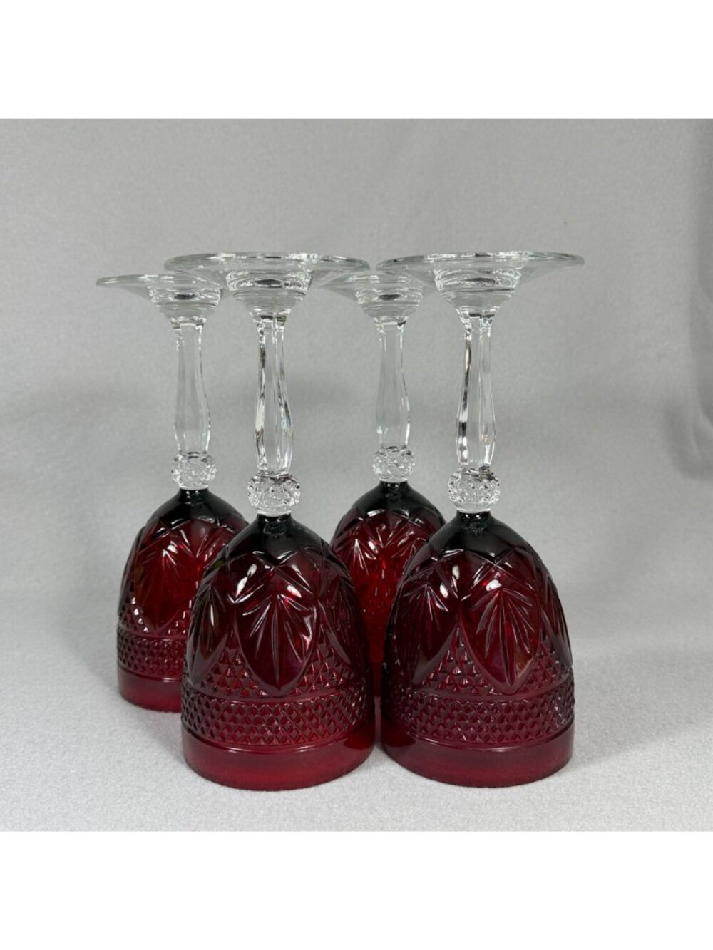 Vintage Ruby Cut to Clear Crystal Goblets Set of 4 Clear Stem Wine Glasses 8.25" - Picture 7 of 9